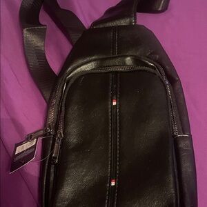 Tommy Hilfiger Black Leather Sling Belt Bag with Flag Stitch